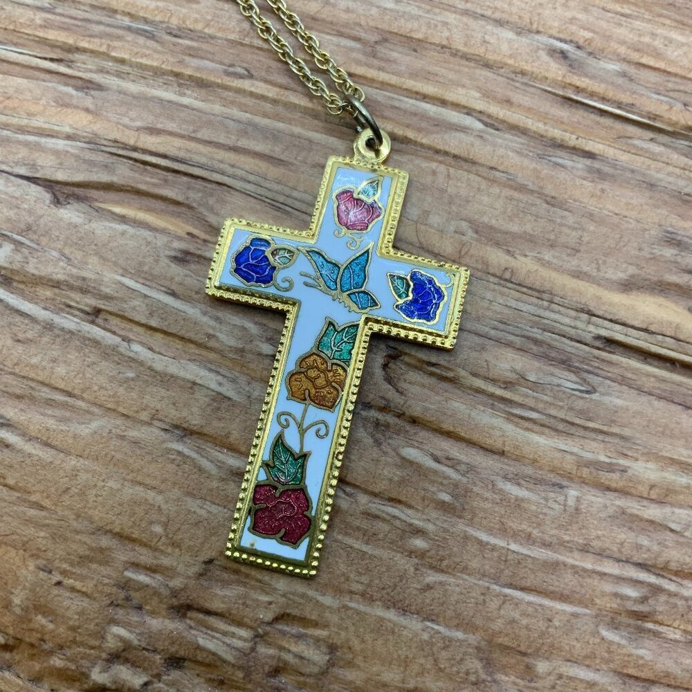 Cloisonne Vintage Cross Gold Tone Metal Butterfly Flowers Chain Necklace